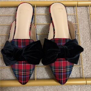 Crown & Ivy Plaid Mules Velvet Bow Size 7